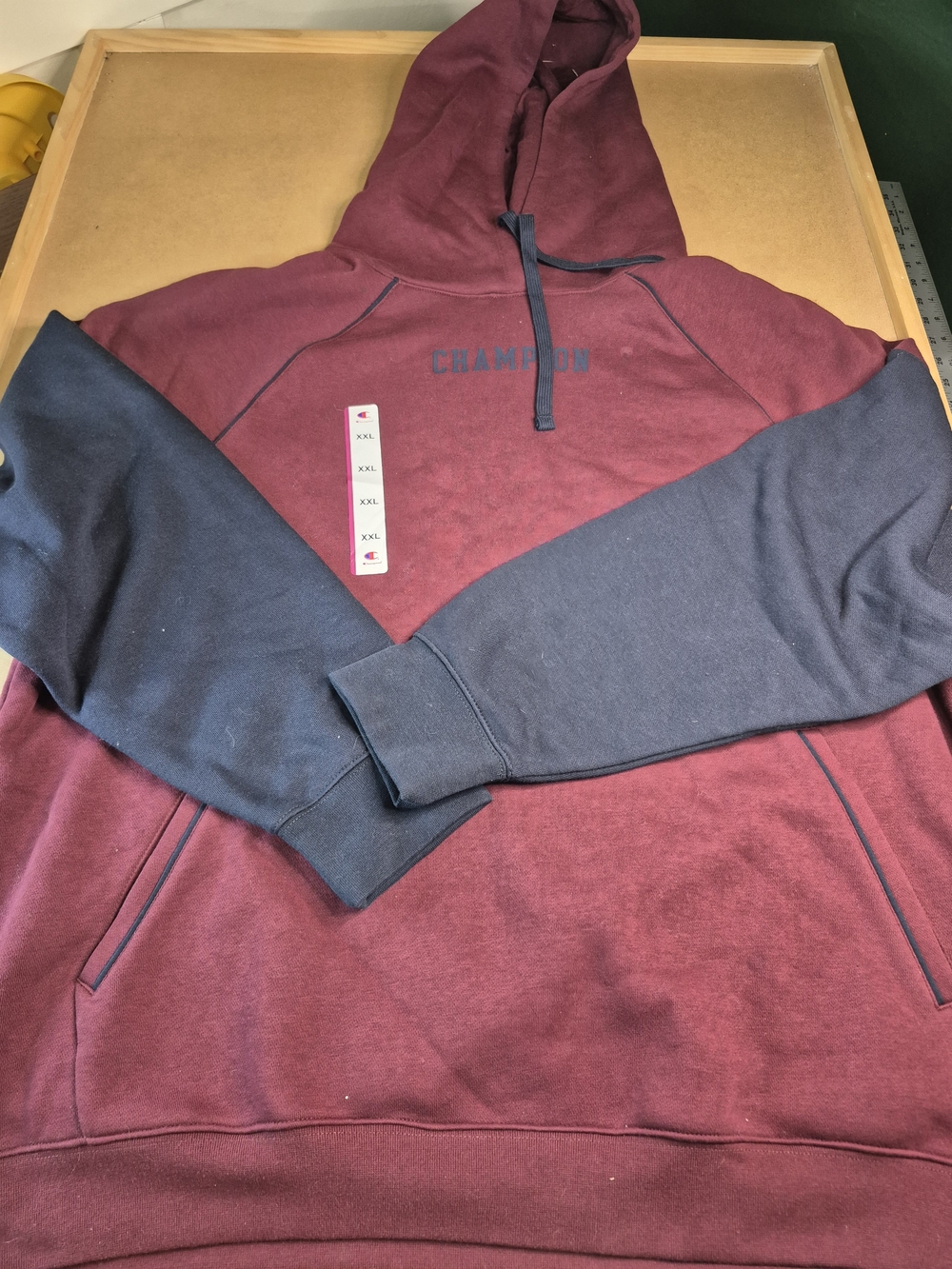 Champion Men's Two-Tone Maroon and Navy Hooded Sweatshirt